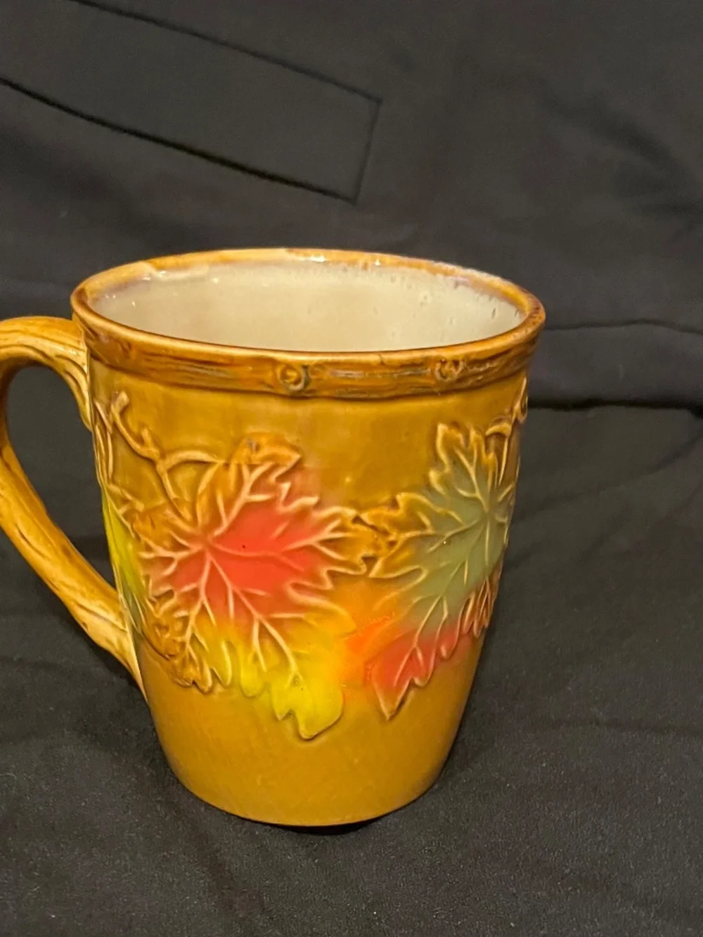 Pier 1 Imports Fall Autumn Leaf Stoneware Coffee Mugs Embossed Oak Set